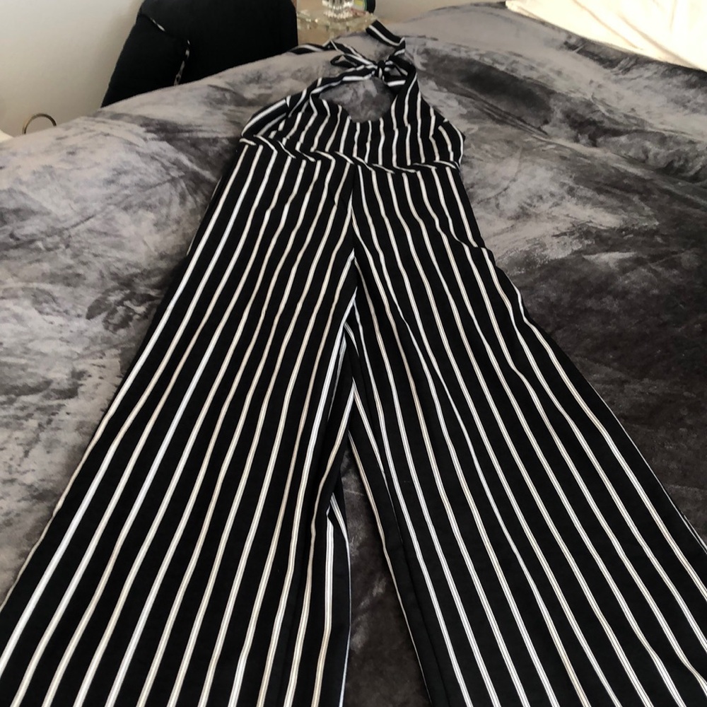 Forever 21 black and white striped halter jumpsuit, size medium
